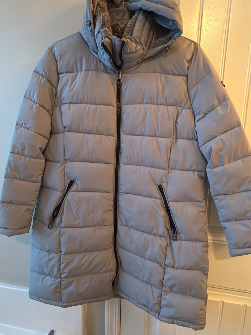 Andrew Marc Light Gray Quilted Puffer Coat with Hood